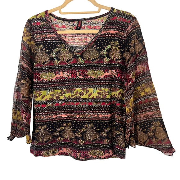 Tease Tops - Tease Bohemian Top Sz L Paisley Sequin V-Neck Sheer Bell Sleeve Fairy Whimsigoth